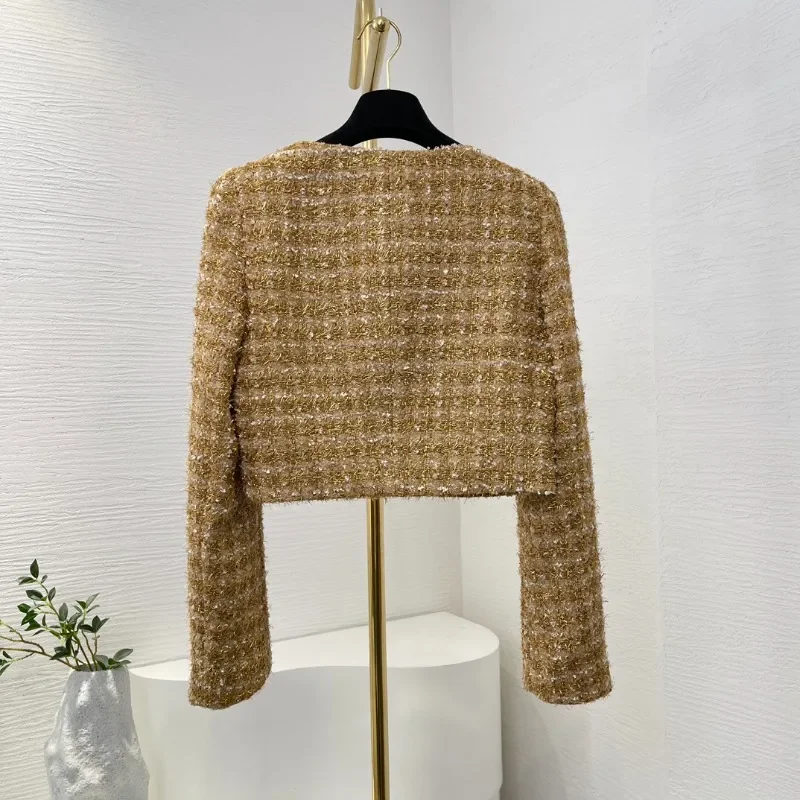 Gold Tweed Short Jacket for Ladies, Spiral Button, Long Sleeve, High Quality, Elegant Fashion, Autumn, Winter, 2024