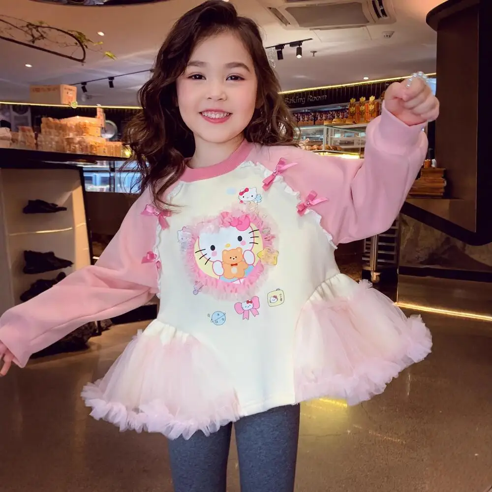 

Sanrio Hello Kitty Girls Cartoon Print Fleece Sweatshirt Autumn and Winter Children's Princess Skirt Mesh Patchwork Sweatshirt