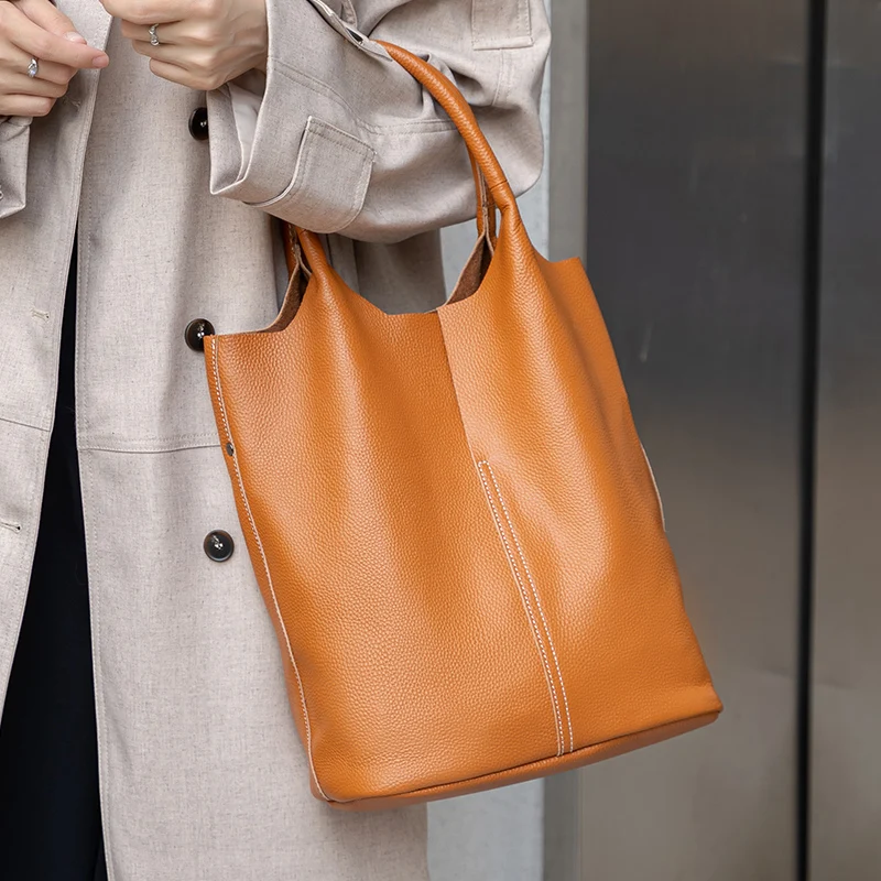 

Women's Casual Genuine Cow Leather Shoulder Bags Bucket Ladies Luxury Designer Underarm Tote Bag Female Classic Cowhide Handbags