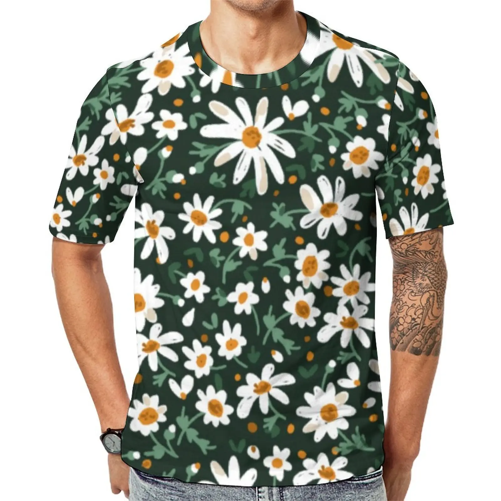 Plus Size T-Shirt Summer Elegant Daisy T-Shirts White Flower Print Kawaii O Neck Tshirt Men Novelty Design Clothing