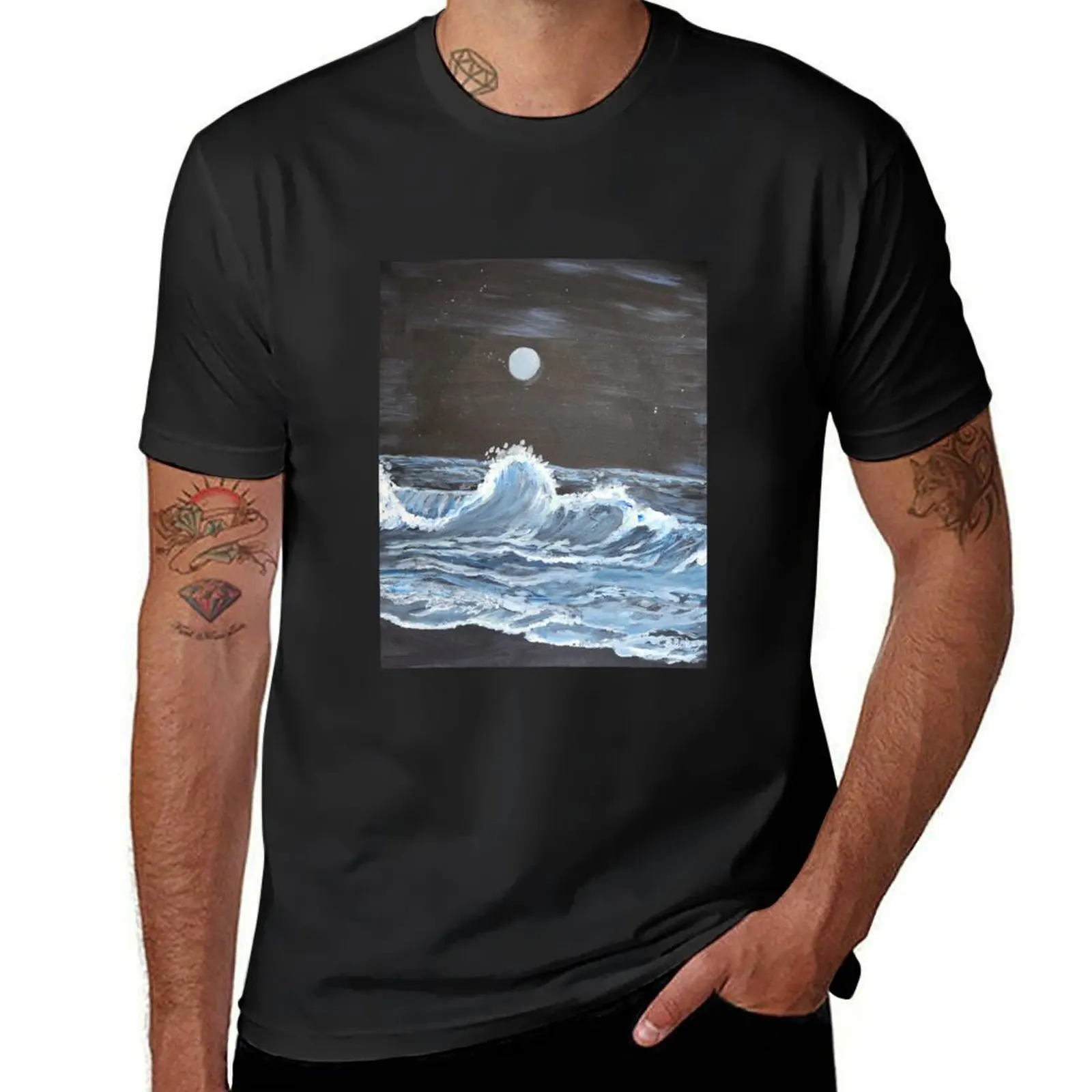 Midnight, Ocean, waves, beach, painting, black, Blue,White, Acrylics. T-Shirt boys whites plus size tops mens champion t shirts