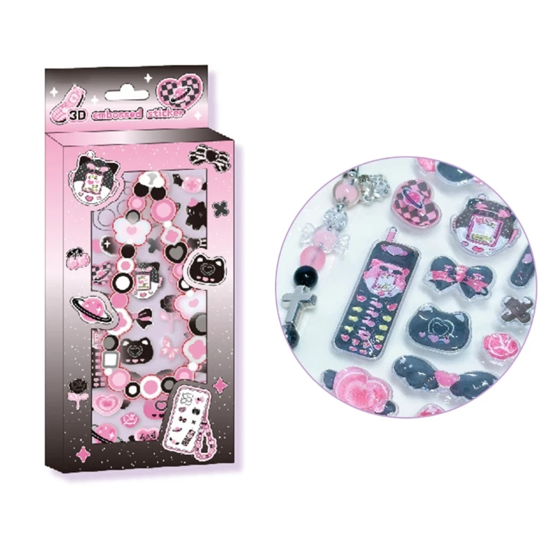 Embossed PVC Sticker Phone Chain Charm Set Decorative Sticker for Water Bottle Journal Planner Photo Album Scrapbooking F19E