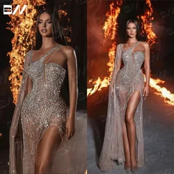 Silver Beaded Cocktail Dresses For Women 2024 One Shoulder Cape Sleeves Formal Occasion Dress With Sexy Side High Slit