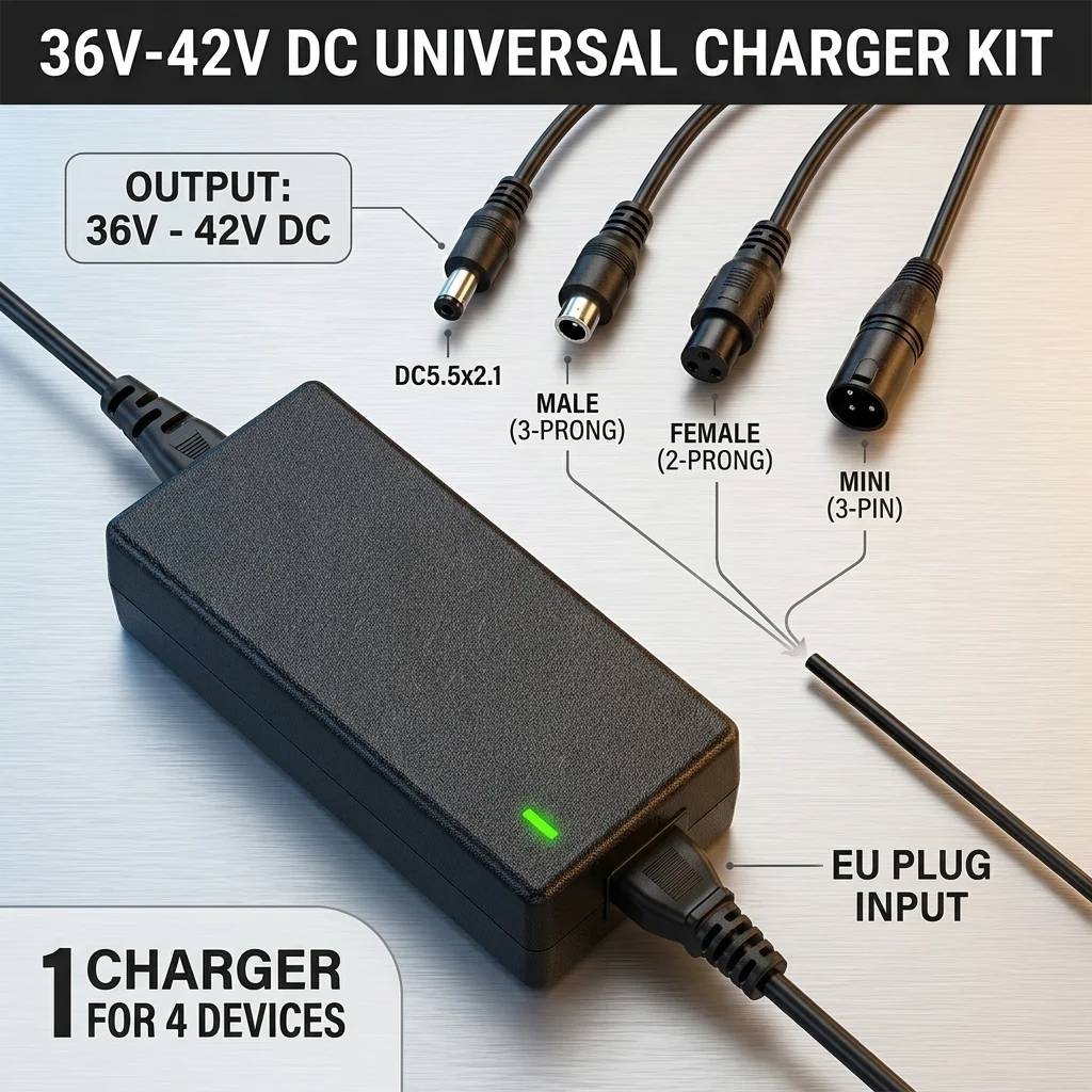 Ładowarka do akumulatorów 36V 42V 2A z kablem adapterowym 4-w-1, uniwersalna ładowarka do hulajnóg elektrycznych, rowerów elektrycznych, hoverboardów Xiaomi Lime, zasilacz z wtyczką EU.
