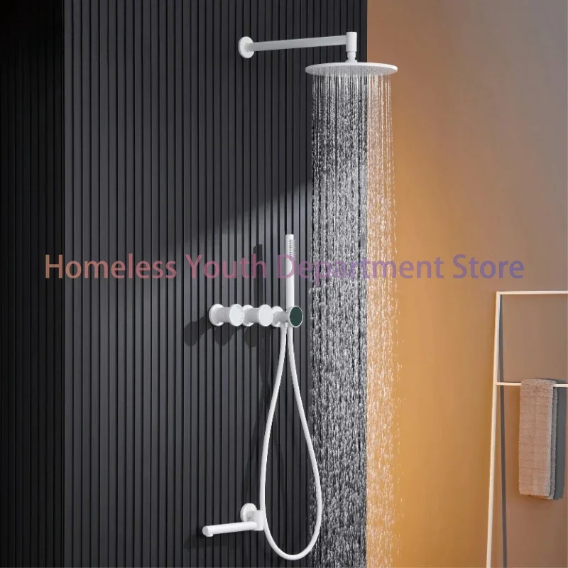 Luxury White Embedded Brass Shower System Simple Design Wall Mounted 2 Handle Hot & Cold Water 3 Function Bathroom Faucet