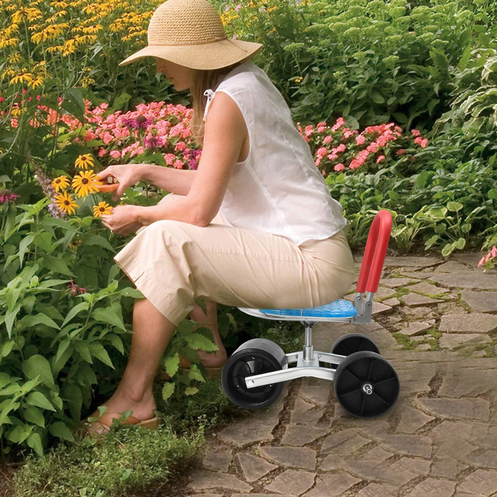 Carrello da giardino blu, nero, rosso Carrello con sedile da lavoro con sgabello con ruote 360 °   Aiuto da giardinaggio girevole per utenti operativi accovacciati