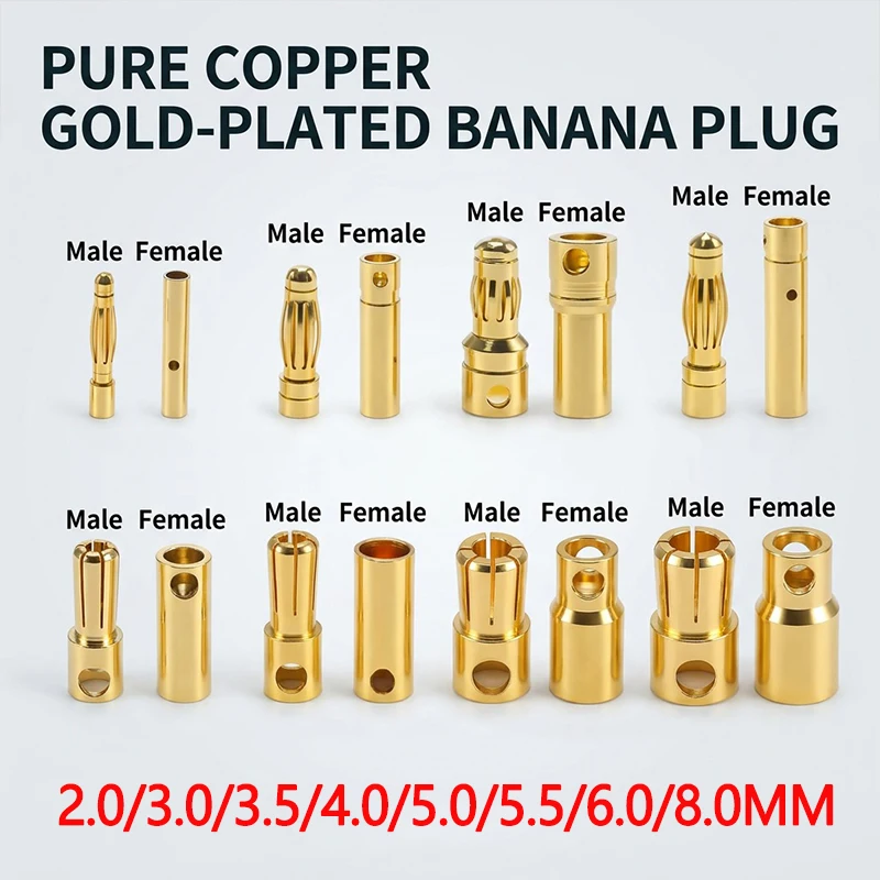 40pcs Lot 2/3/3.5/4/5/5.5/6/6.5/8mm Gold Bullet Banana Plug Pure Copper Male Female Connector For RC Motor Wiring
