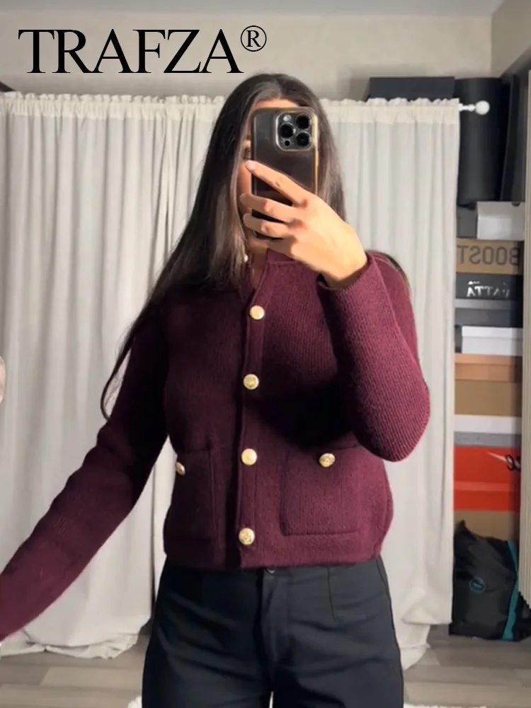 TRAFZA 2024 Female Chic Wine Red Cardigans O-Neck Long Sleeves Pockets Single Breasted Knitted Sweater Woman Autumn Trendy