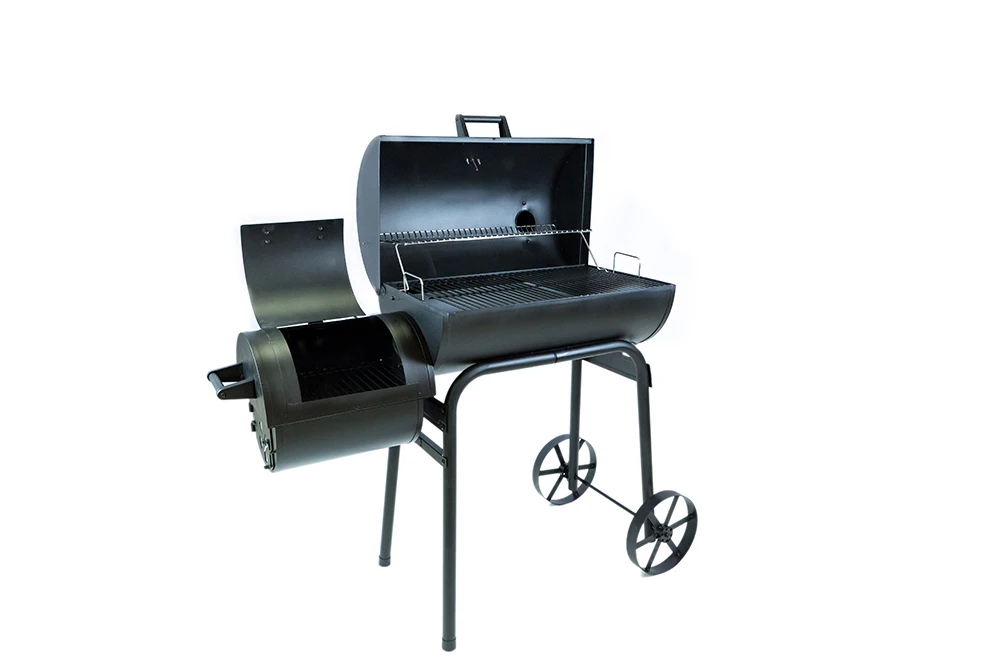 Barrel Shaped Offset Charcoal BBQ Grill Pellet Smoker Cast Iron Tubular Steel Wheels Powder Coated Wire Metal With Two 8 Inch