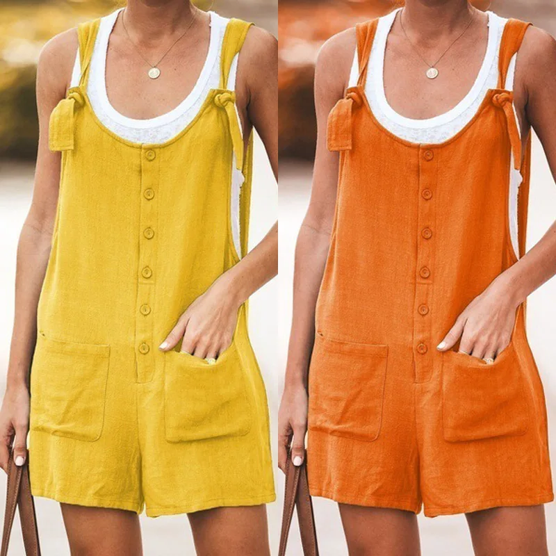 Jumpsuit wanita panjang polos Suspender, Jumpsuit wanita Linen katun pinggang tinggi kasual, Jumpsuit saku kancing lurus, rok longgar