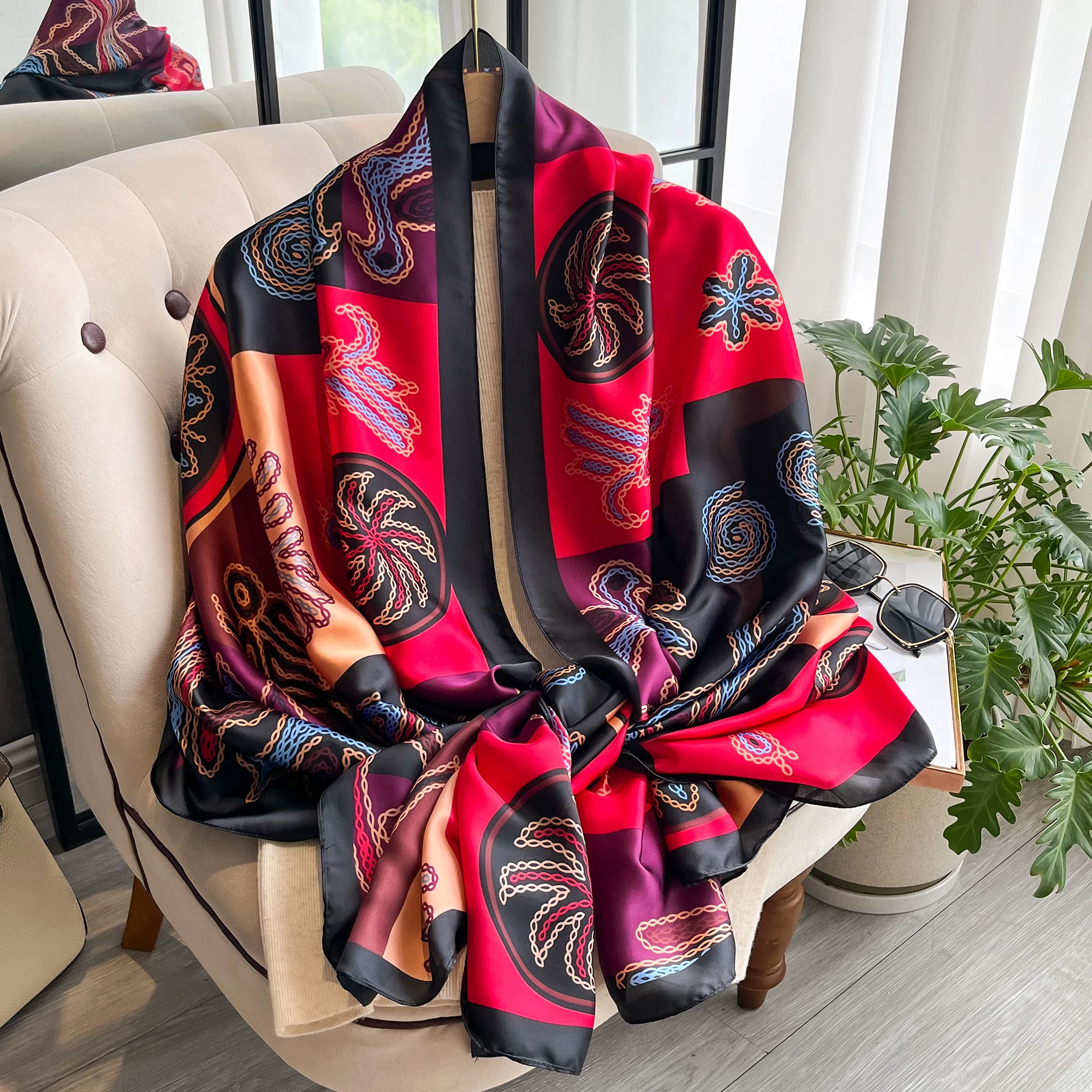 Luxury Style Sunscreen Shawls Popular 2024 New Beach Bandanna The Four Seasons Design Scarves Women 180X90CM Square Silk Scarf