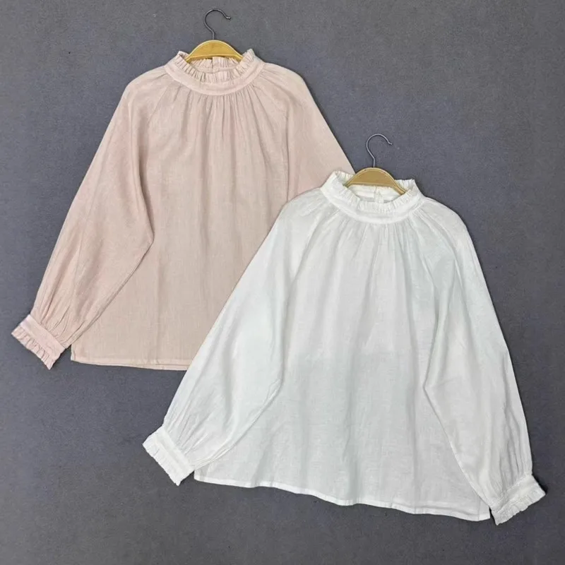 

Johnature осенний новый простой льняной пуловер с рюшами и воротником, женская рубашка с длинными рукавами, свободные универсальные рубашки в японском стиле