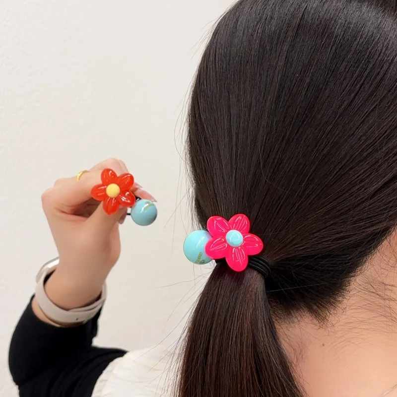 キュートなキャンディカラーの花柄ヘアゴム-女性用-可愛いボールボールヘアバンド-韓国風ファッションアクセサリー-新品