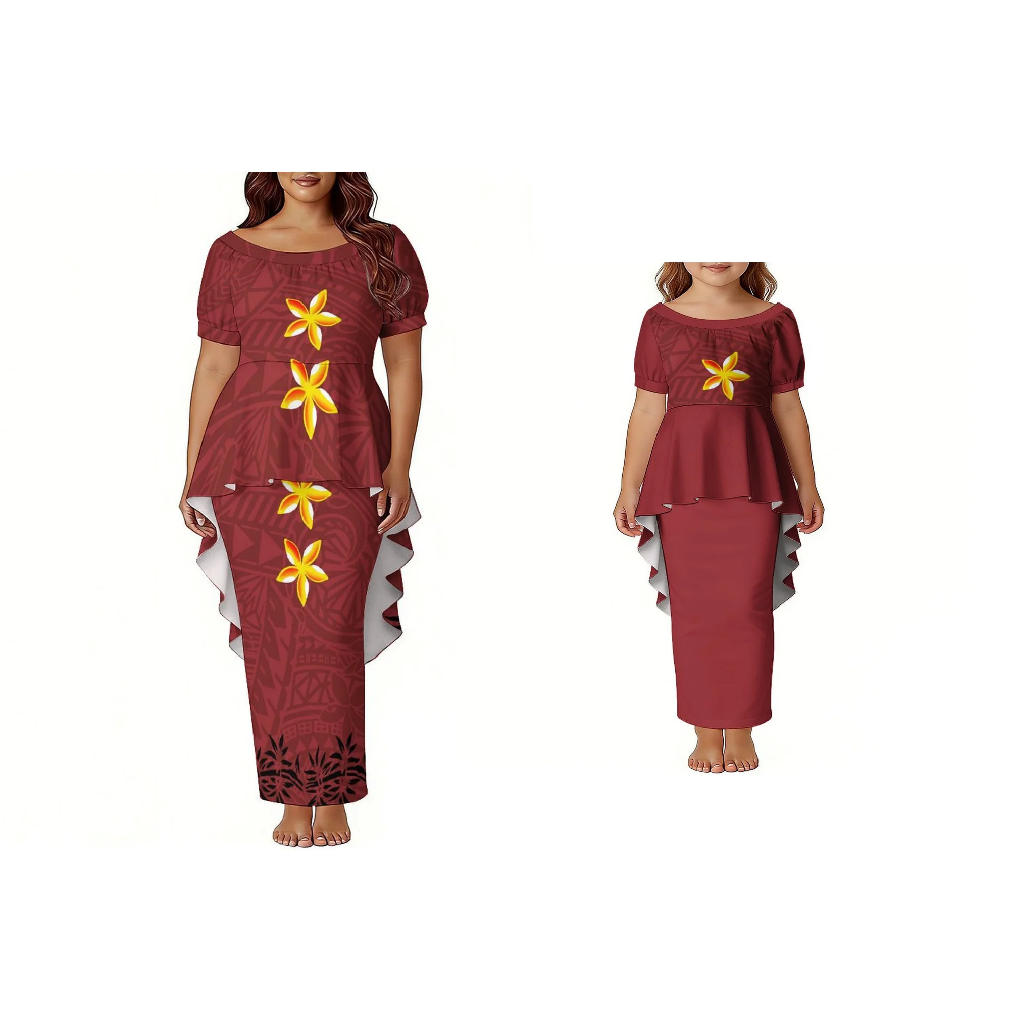 Swallow-tail Hem Design Women Prom  Custom Plus Size Mom and Daughter Dress Dress Tonga Puletasi Dress Girls Two Piece Set