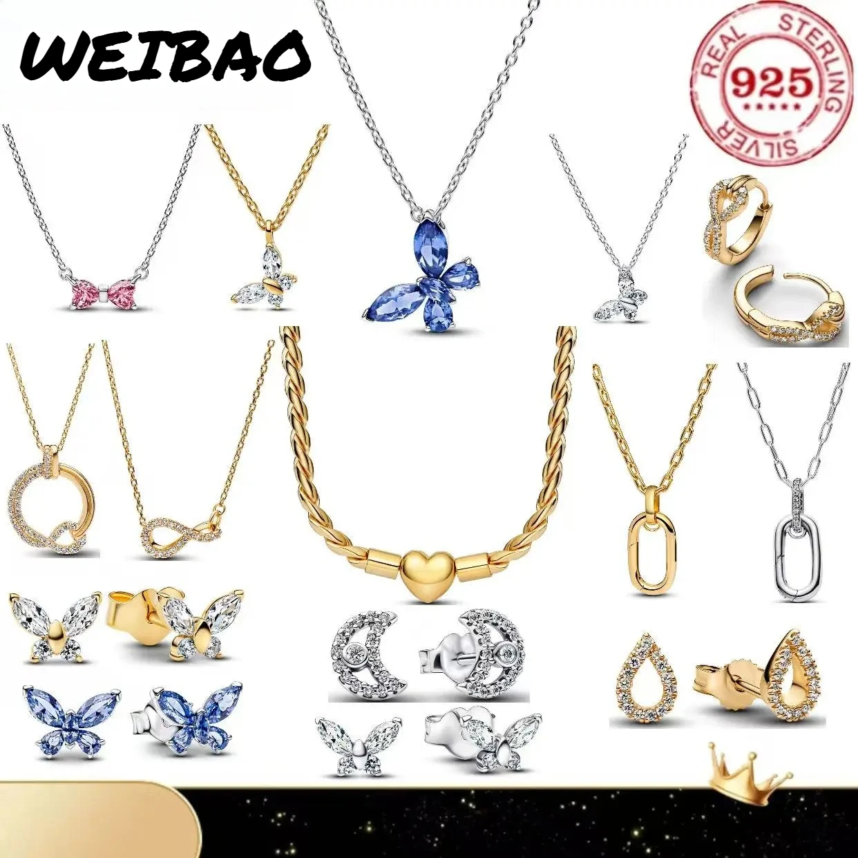 

High-Quality Moon Bowknot Heart 925 Sterling Silver Necklace And Earrings For Women's Birthday Party Charm Jewelry Gifts