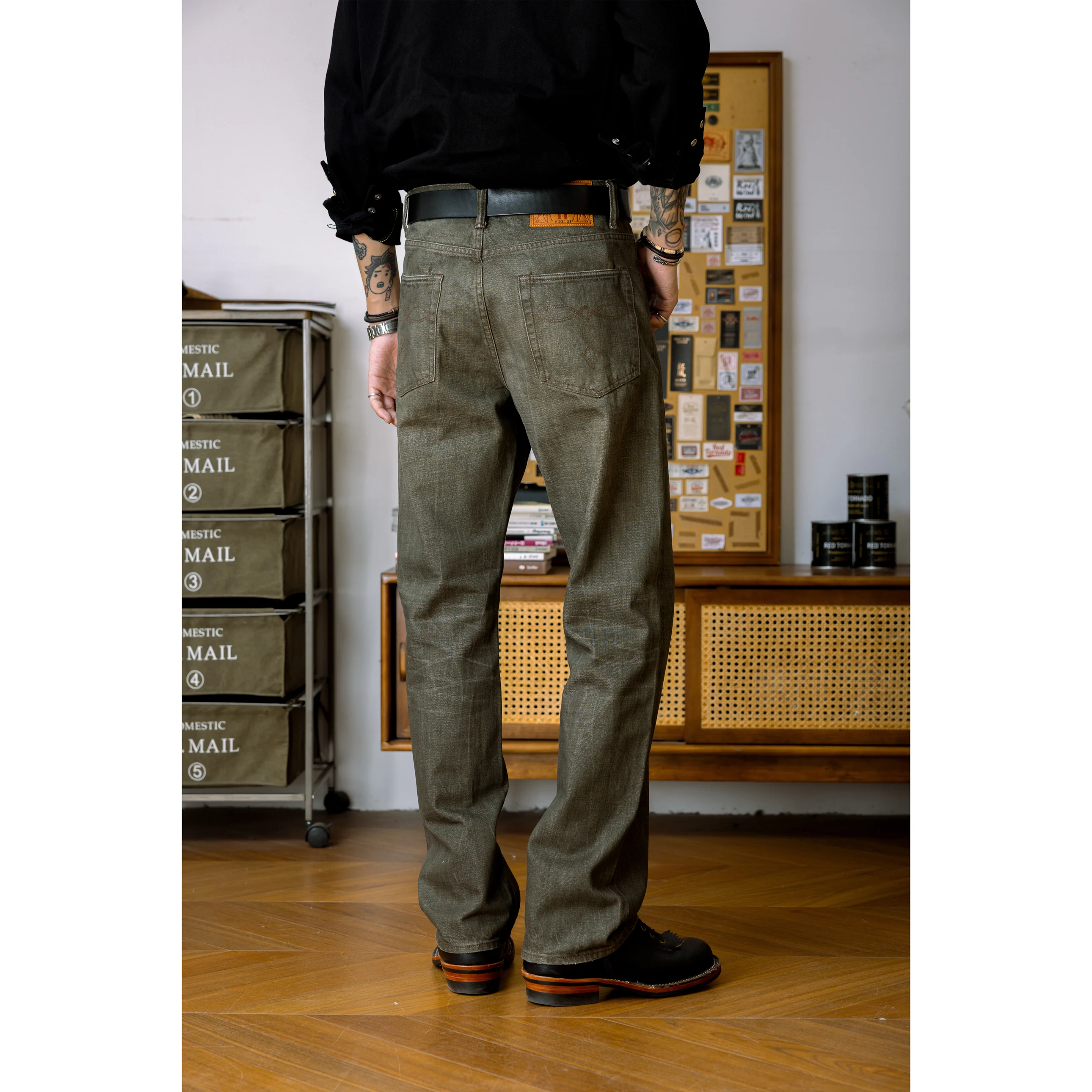 RL5PK-0001 Red Tornado 14oz Button Fly Straight Fitting Raw Denim Jeans Super Quality Goat Leather Indigo Selvage Washed Pants