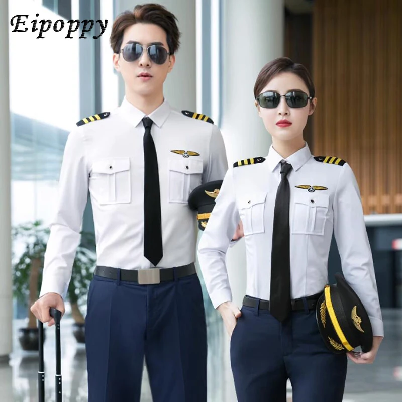 

Professional Work Uniform Set For Men's Women's Aviation Pilot Flight Attendants Uniforms Summer Autumn Long sleeved White Shirt