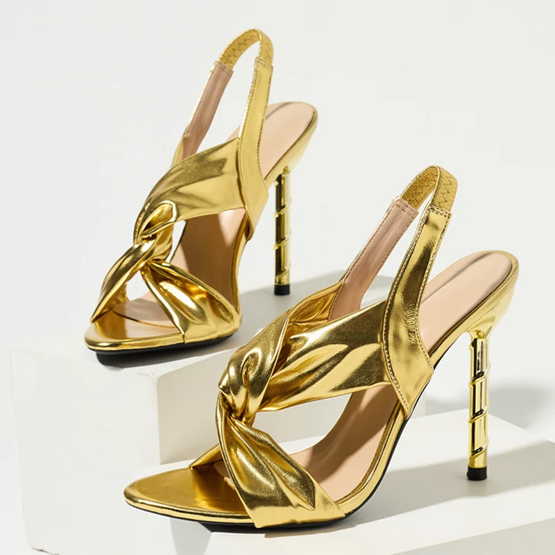 High Quality Cozy Pleated Leather Cross Strap Sandals Women Fashion Spiral Thin Heels Wedding Banquet Shoes Gold Silver