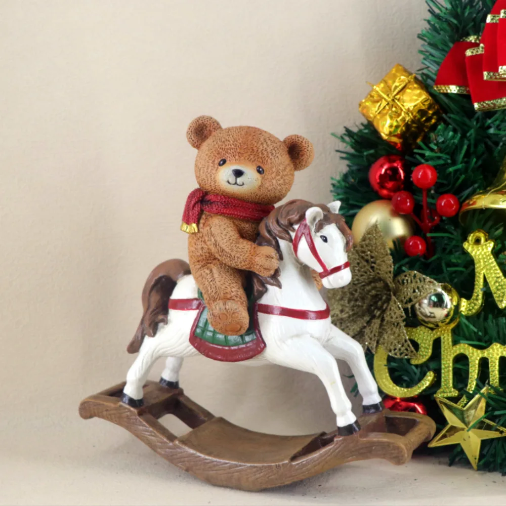 Resin Rocking Horse for Christmas Decoration Bear on Horse Sculpture Collection Home Holiday Party Table Decor