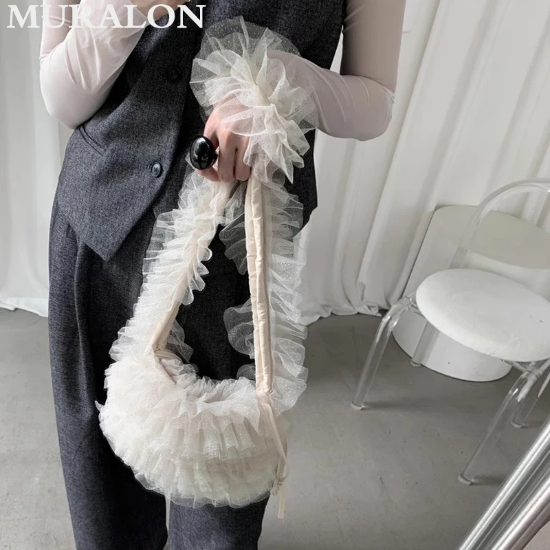 2024 Niche Design Lace Mesh Sequins Tote Crossbody Bag Female Fashion Casual Street Style Underarm Bag Cool Sweet Handbag Girl