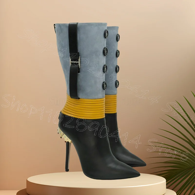 Red Bow Knot Woolen Stripe Blue Pointed Toe Boots Back Zipper Women Shoes Thin High Heels Party Dating 2025 Zapatos Para Mujere