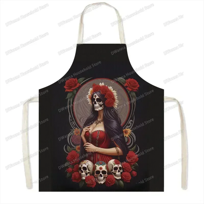 Flower Holy Death Kitchen Aprons Santa Muerte Mexico Skull Home Cleaning Clothing Linen Pinafore Waterproof Chef Cooking Apron