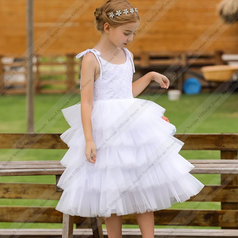

Short Knee Length White Flower Girl Dress Tiered Layers Children Birthday Wedding Party Dresses First Communion Gown