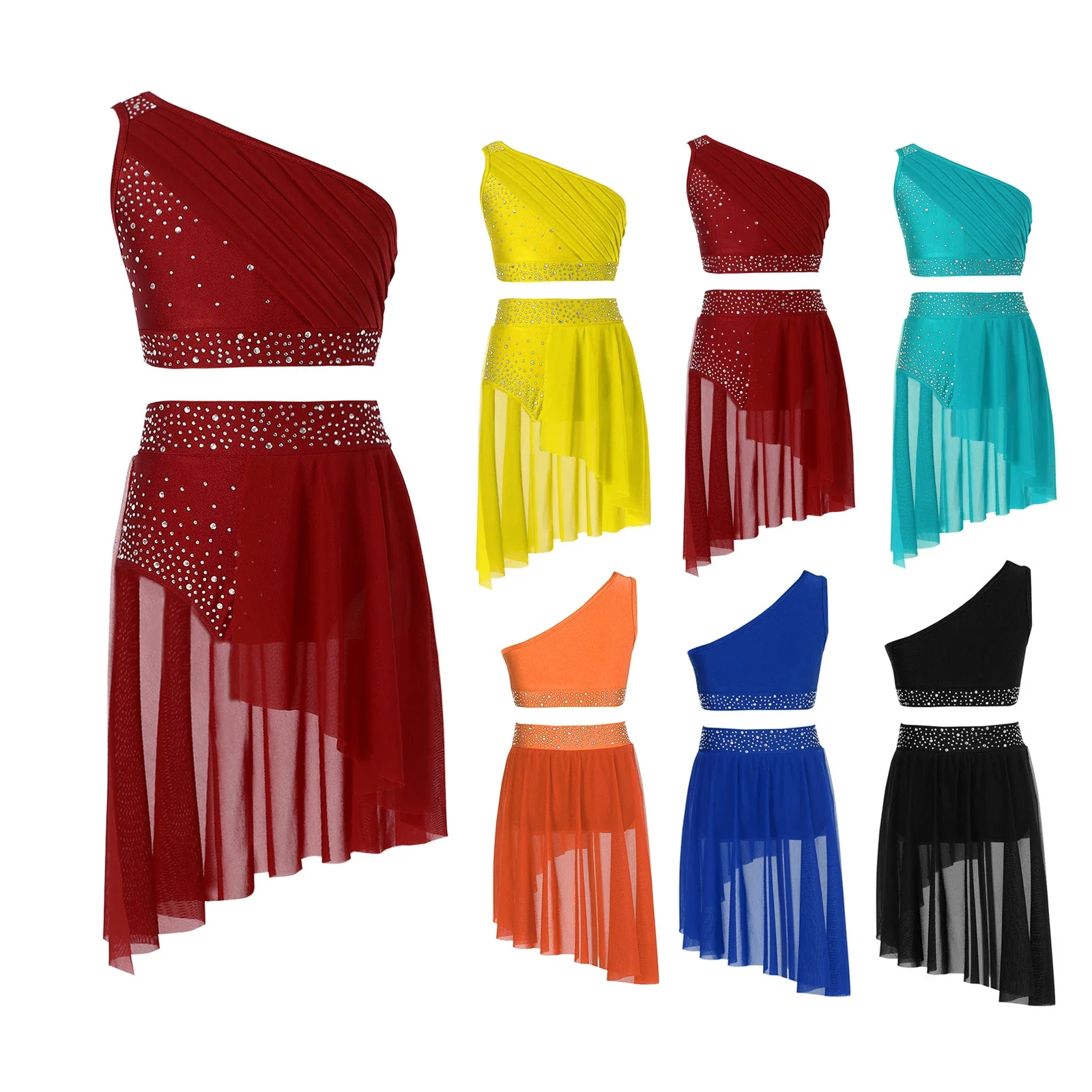 IEFiEL أطفال بنات مجموعة الرقص الغنائي الحديثة المعاصرة ازياء الراين المحاصيل الأعلى مع متجنب يوتار 2 قطعة الباليه الزي #6