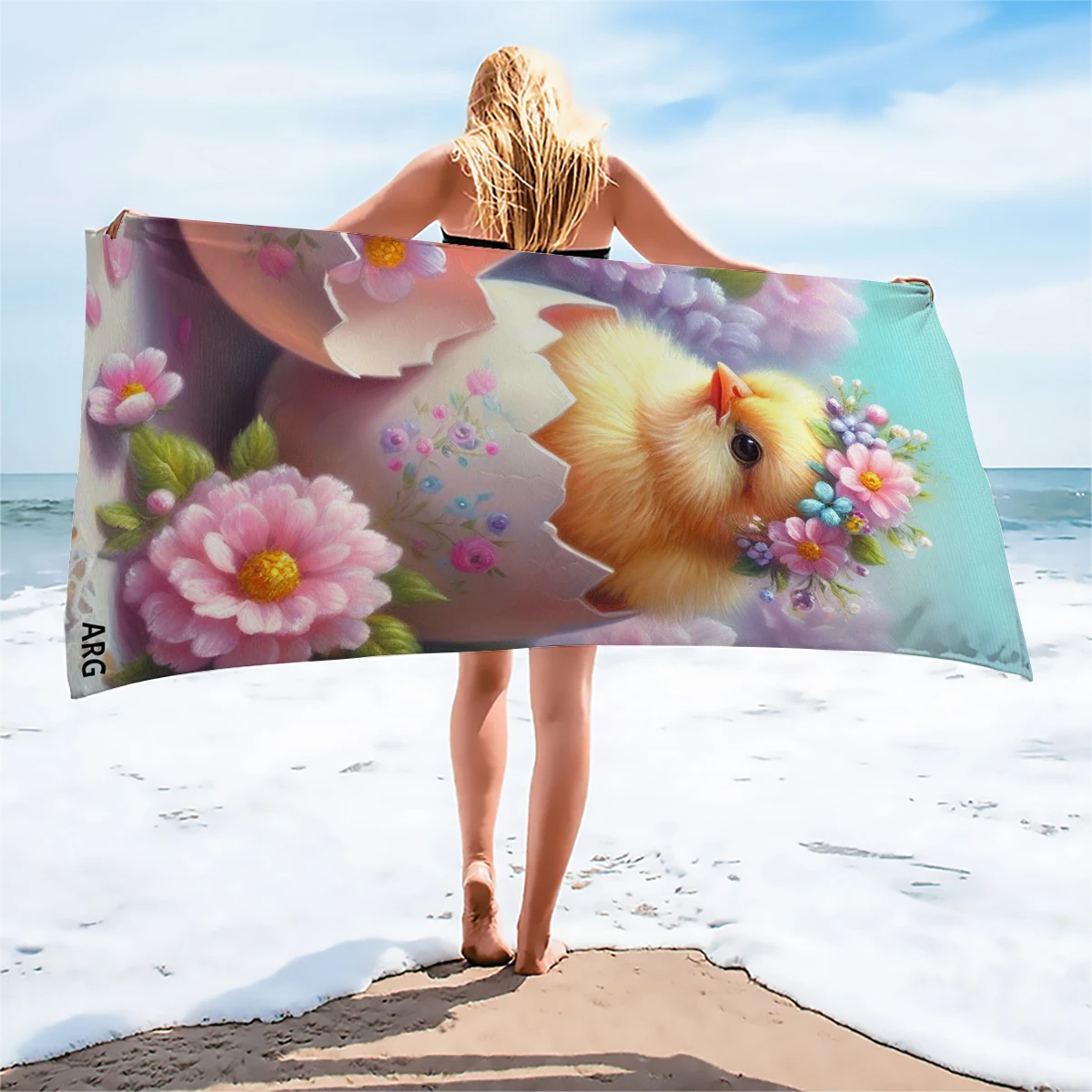 1PC Adorable Hatching Chick Print Beach Towel Girl's Heart Flower Design Super Absorbent Quick Dry Beach Bath Towel