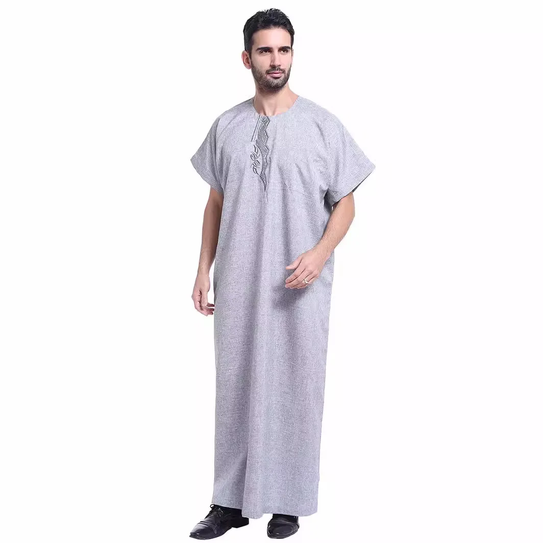 Muslim Kaftan for Men Round Collar Blue White Spring Elegant Robe Arab Vintage Long Sleeves Thobe Robe Turkey Embroidered