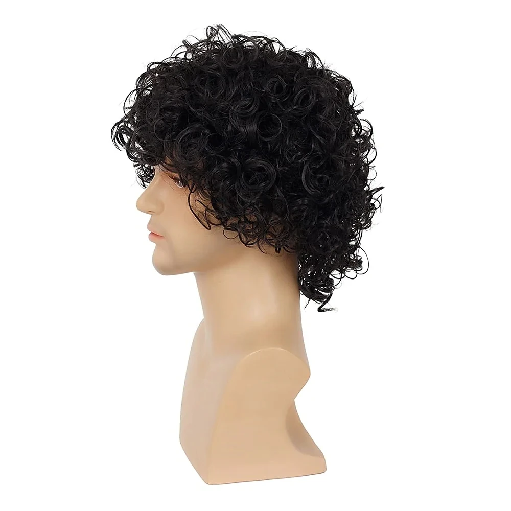 Short Curly Mens Wig Black Synthetic Rocker Wig California Halloween Costume Culture Wet Look Wig