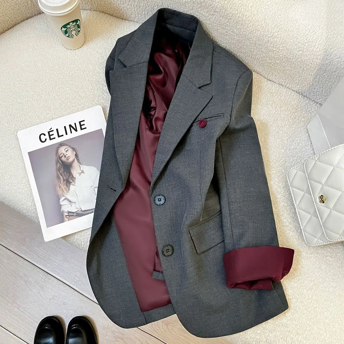 2026 Women Office Wear Casual Blazer Chic Vintage Notched Collar Long Sleeve Outerwear Loose High Street Single Breasted Jackets