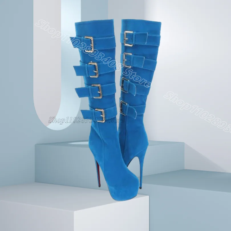 Blaue Plattform Stiletto Knie Stiefel Flock Runde Kappe Quadratische Schnalle Neue Mode Party Frühling Frauen Schuhe 2025, Zapatos Para Mujere