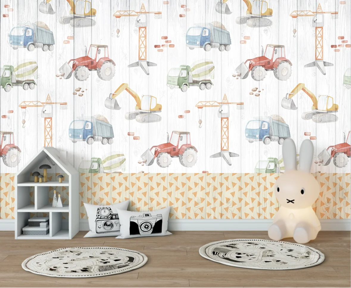 Papel pintado de tablones de madera de coche con grulla de dibujos animados personalizado, Fondo de sala de niños, papeles tapiz, pegatina de pared para mejorar el hogar, habitación de niños