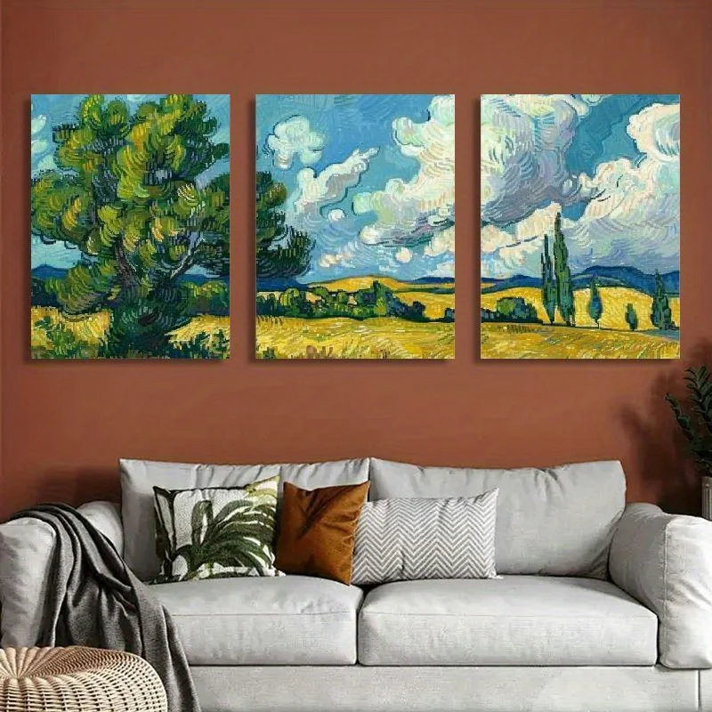 2D Flat, 2D Flat, 2D Featuring a Triptych of Van Gogh'S Wheat Fields And Pine Trees, Presented in Three Canvas Frames Measuri