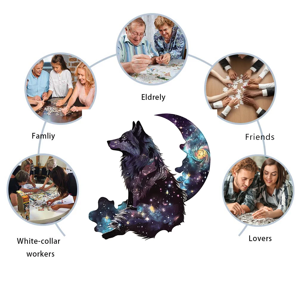 Star Wolf King Wooden Puzzle, Unique Shaped Pieces Wooden Jigsaw Puzzles for Adults, Ghristmas Gift Family Game Home Decor