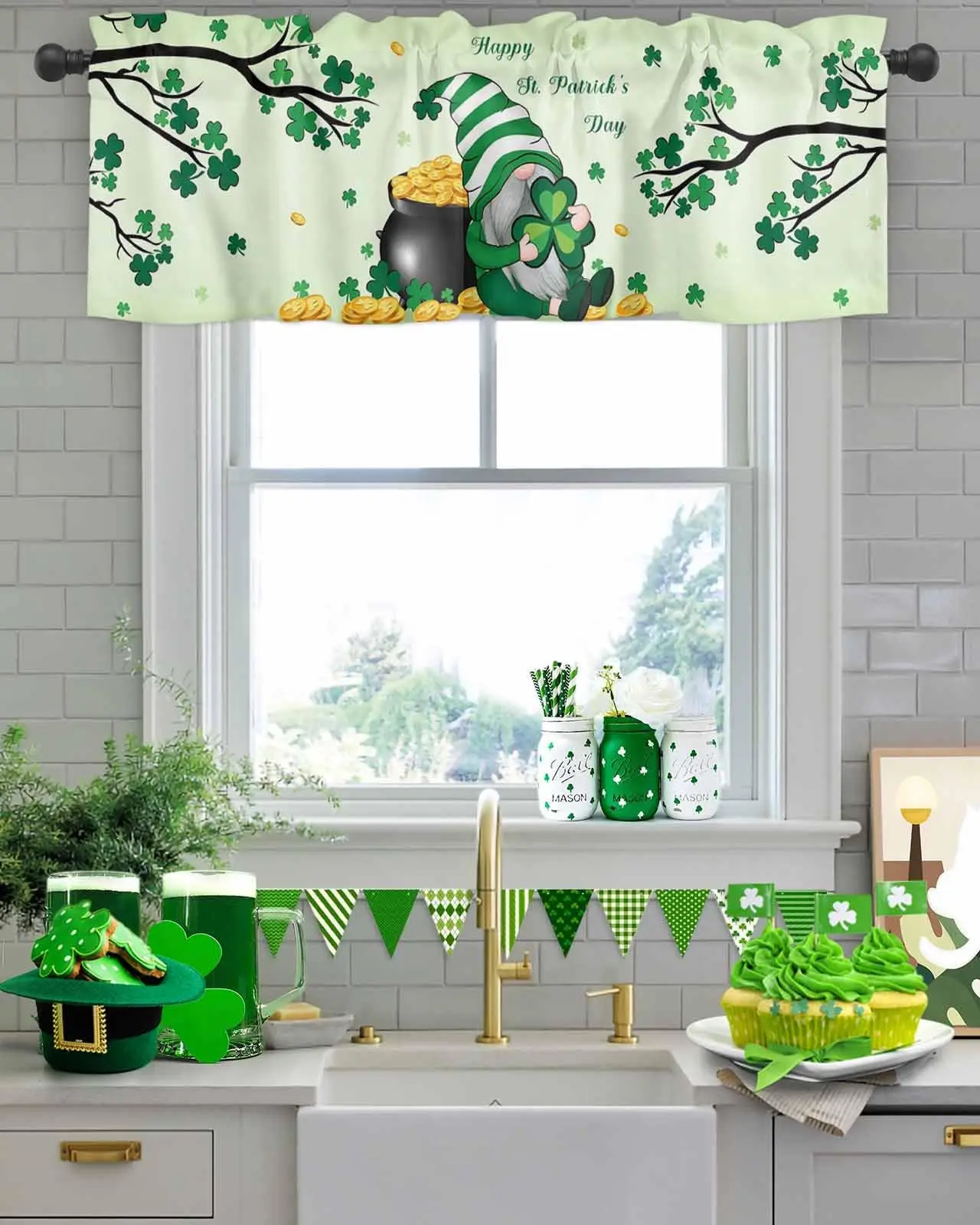 St. Patrick's Day Valance for Windows Green Gnome Curtains Valances Shamrock Tree Lucky Rod Pocket Valance Window Treatments