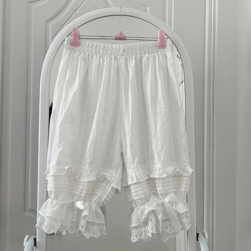 Japanese Style Kawaii Lolita Short Pants Women Sweet Ruffles Lace Patchwork Bow Leggings Girls Cute Elastic Waist JK Pantaloons
