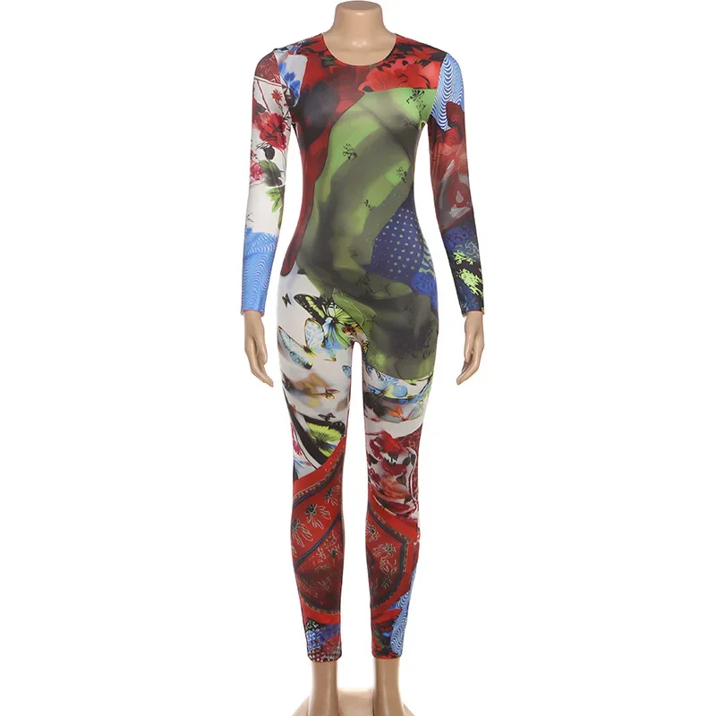 Women Fashion 3D Print Color Block Skinny Jumpsuit Autumn O Neck Long Sleeve Peach Hips Slim Casual Streetwear Overalls Rompers