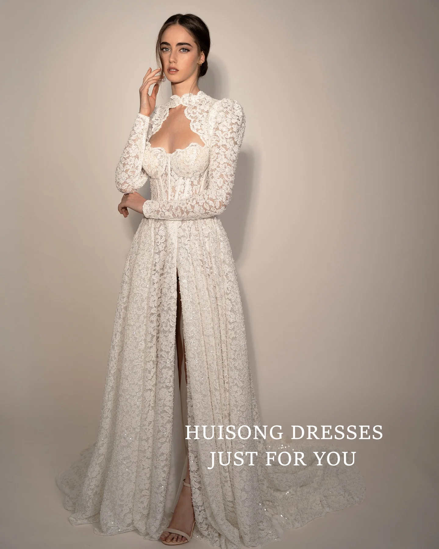 HUISONG – robe de mariée modeste personnalisée, avec des Appliques en dentelle, manches longues, fente latérale haute, ligne a, robe de plage