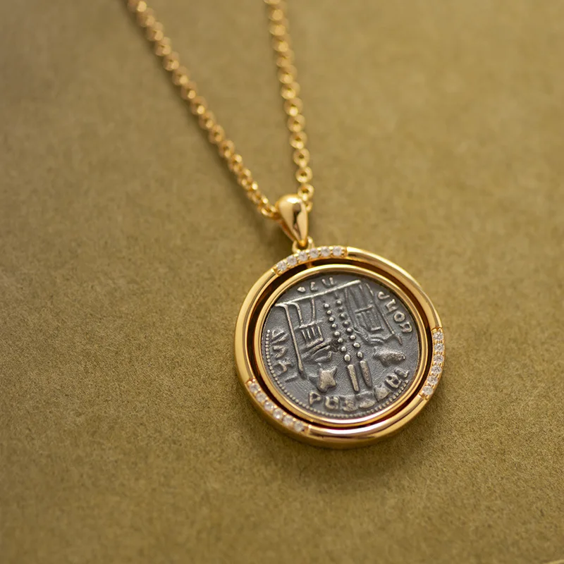 

925 Silver Electroplated 18K Gold Double Ring Crystal Diamond Ancient Coin Necklace Women's Retro Long Sweater Chain