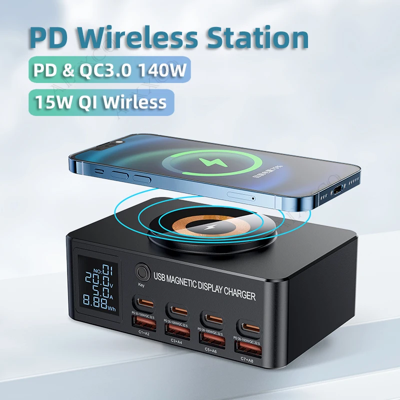 

8-Ports 140W USB Type C Phone Fast Charger station PD QC3.0 Multi Port Display Wireless Charger For iPhone iPad Samsung Xiaomi