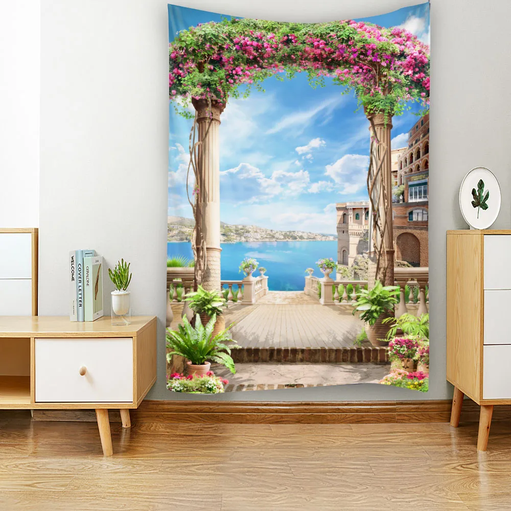 Home decoration tapestry wall-mounted retro landscape printed fabric background cloth Bohemian aesthetic room decoration
