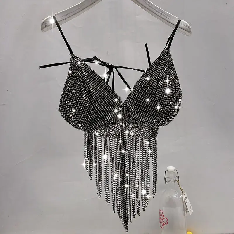 

Fashion Ladies Blingbling Water Drill Tassel Bra Crop Tops Sexy Camisole Tanks Nightclub Pole Dance Performance Show Clothing