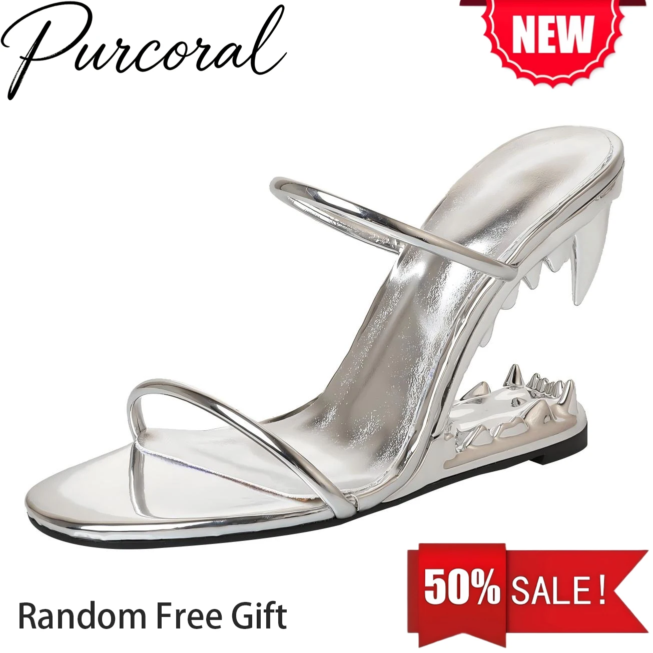 Purcoral Metallic Slide Sandalen für Damen, Haifischzahn-geformter Keilabsatz, offener Zehenbereich, Slip-On-High-Heels, Club-Party-Kleiderschuhe