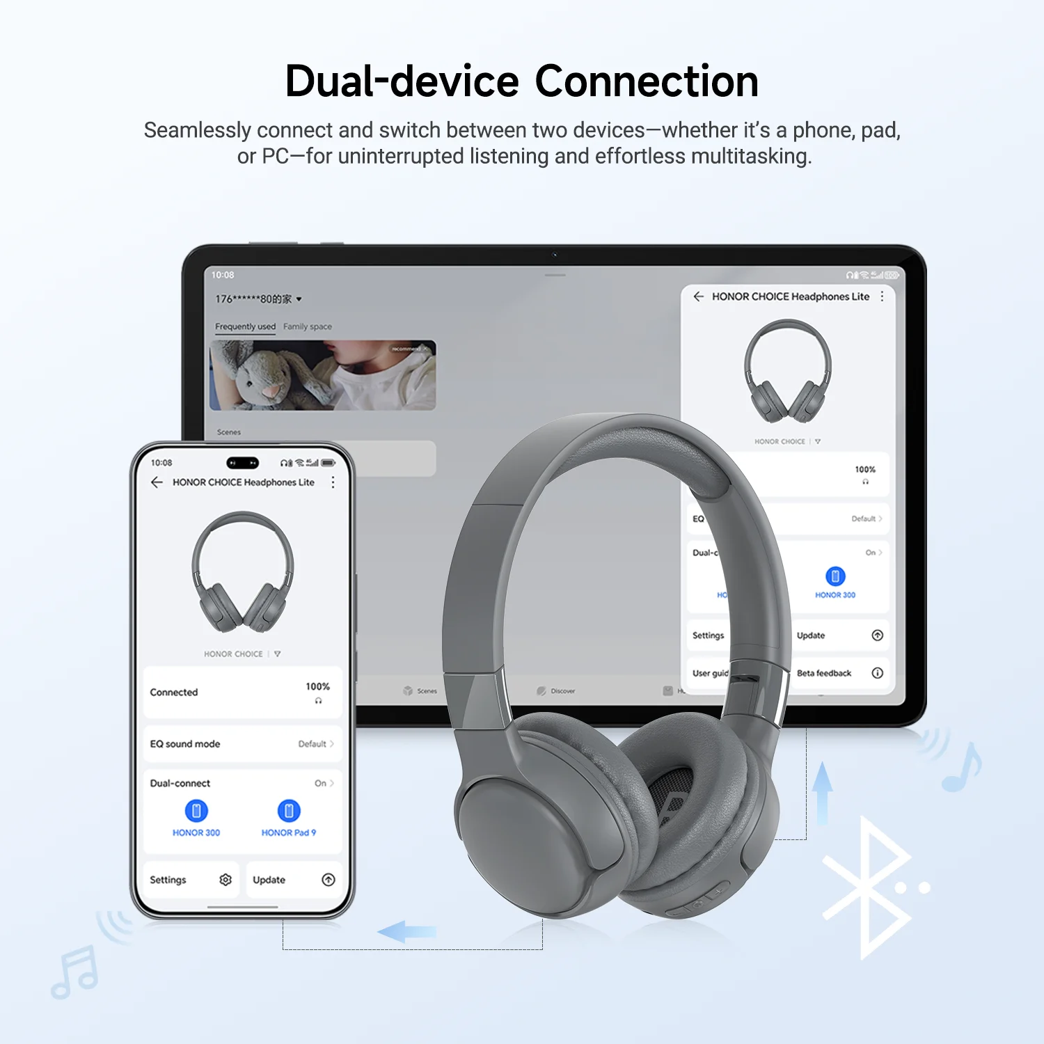 HONOR Kopfhörer Lite 82H Spielzeit, ENC-Anrufe, Dual Connect BT 5.4, Verlustfreies Audio & EQ, Räumlicher Klang, Tastensteuerung, IP54 – Detail 6
