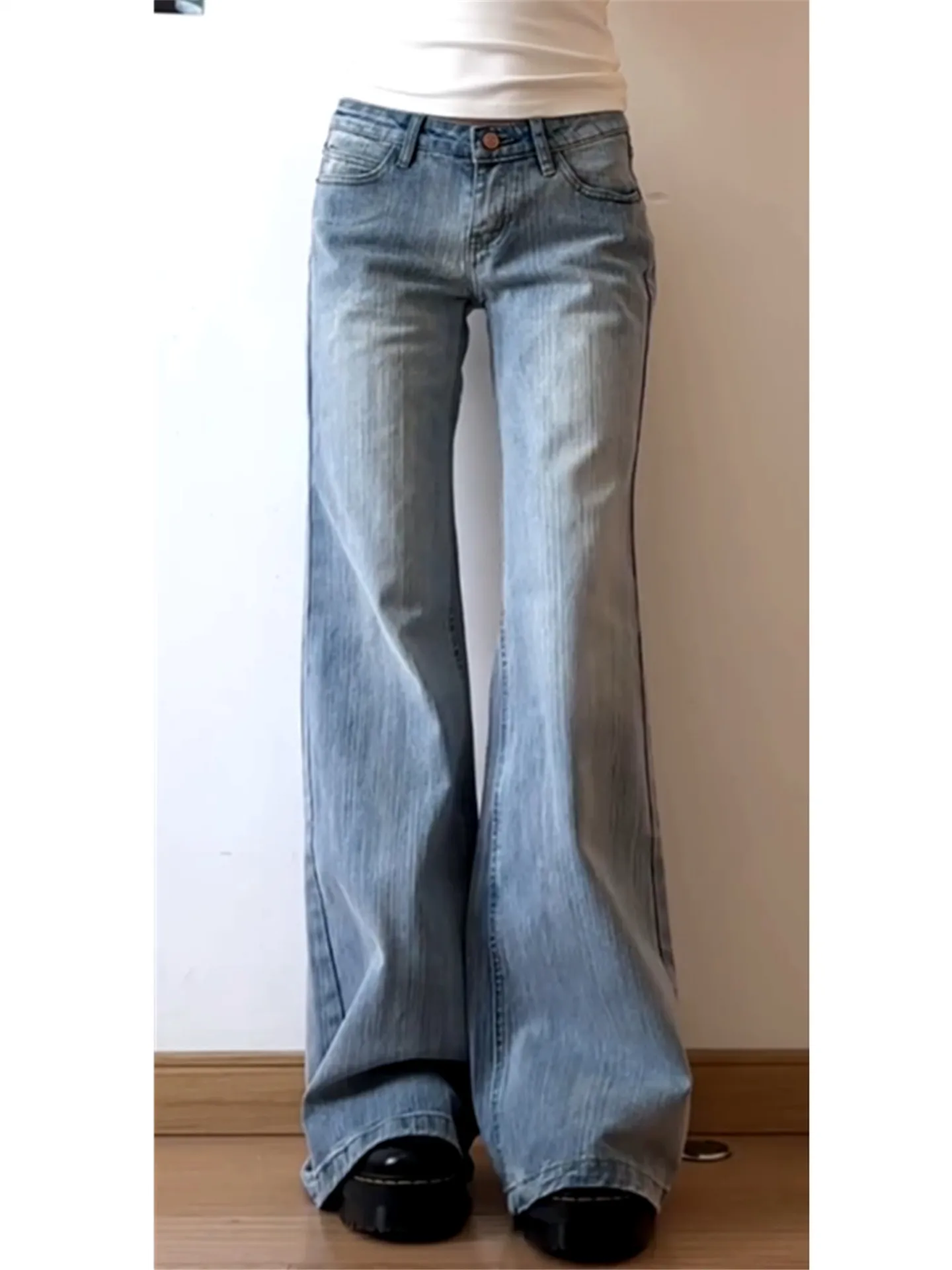 

American Style Retro Heavy Work Bamboo Section Light Blue Low Waist Flared Jeans Women Summer Slimming Washed Floor-Length Pants