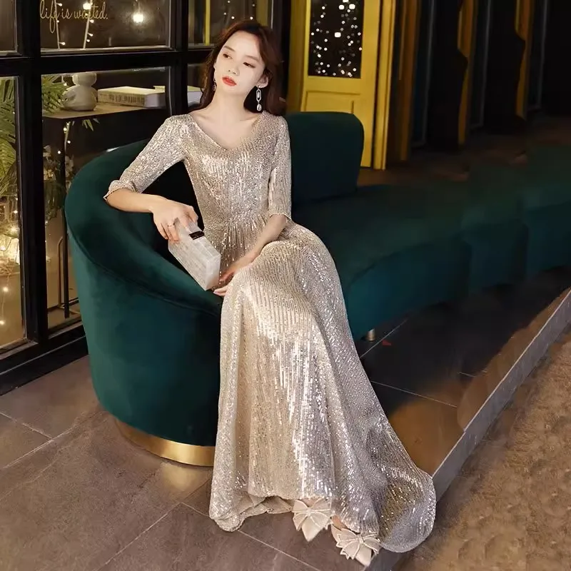 ASL-85#Champagne Colored Evening Dress Women's Banquet Temperament High-end Sequins Adult Birthday Host Dress Wholesale Cheap