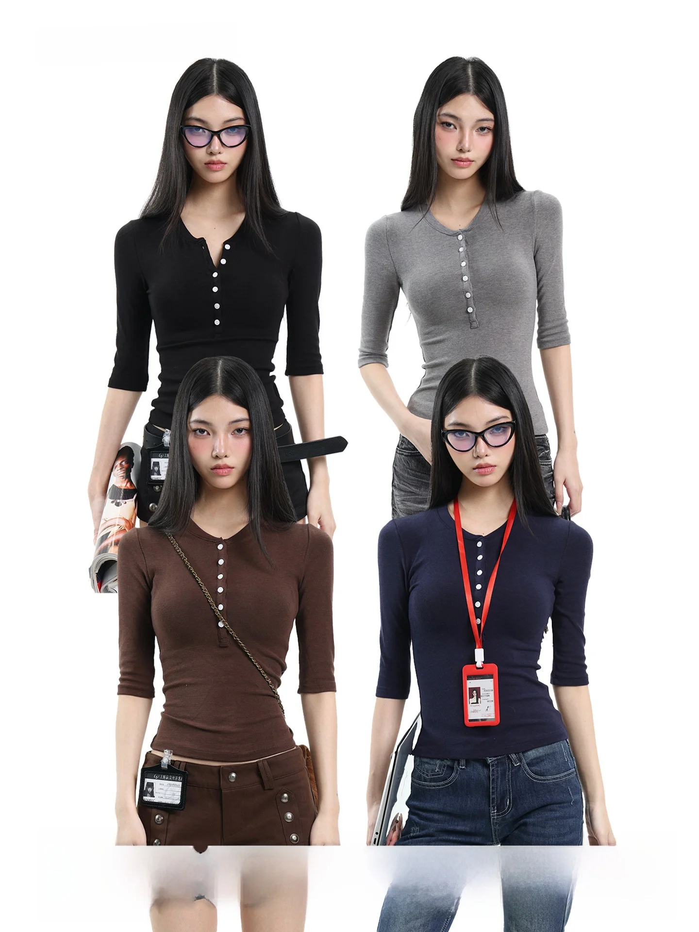 

Женская повседневная футболка UNCMHISEX коричневого цвета, приталенного кроя, с V-образным вырезом и рукавом 3/4, на одной пуговице, стандартной длины, для весеннего сезона.