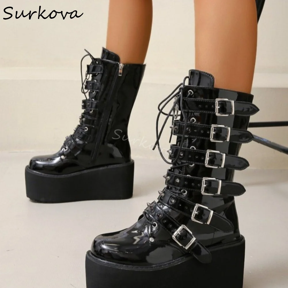 Platform Rivet Belt Buckle Mid Calf Boots Women Round Toe Cross Tied Patent Leather Long Boots 2025 New Gothic Style Punk Boots